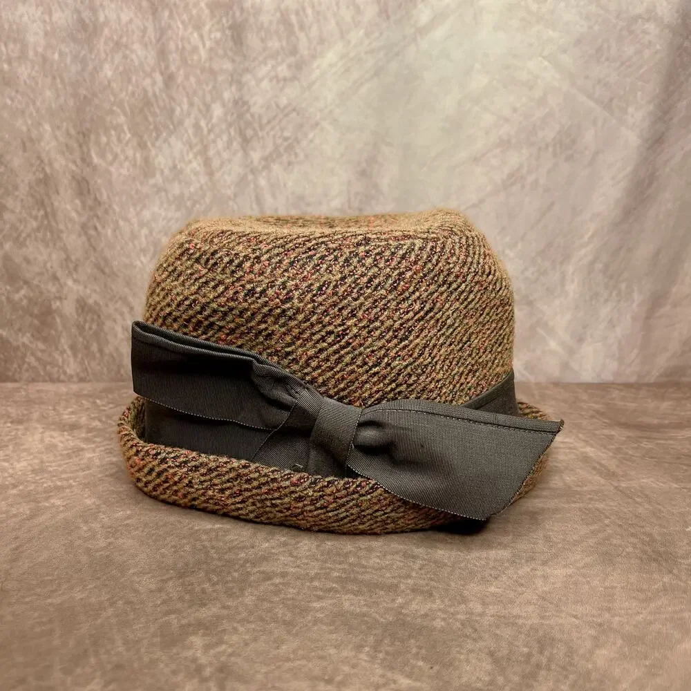 Vintage 60s Cedarbrook Orange Tapestry Derby Bucket Hat Cloche Bow Retro